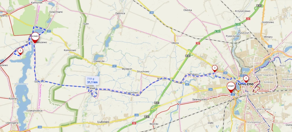 Mapa trasy z Gniezna do Waliszewa nad Jeziorem Lednickim.