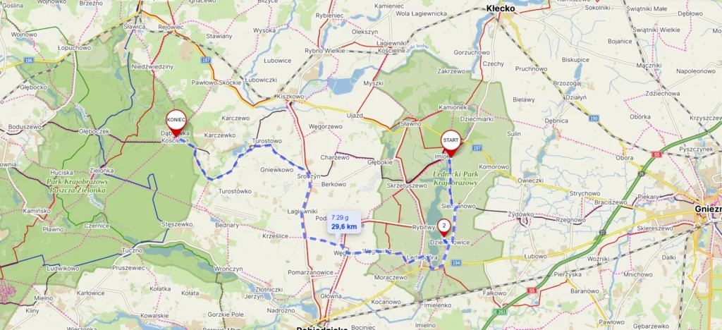 Mapa trasy z Waliszewa przez Ostrów Lednicki do Dąbrówki Kościelnej.