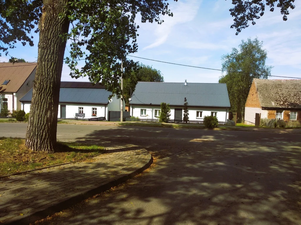 Widok na dwa domy w Dąbrówce Kościelnej.