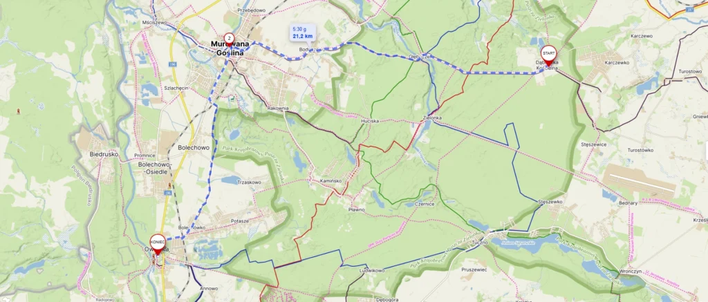 Mapa trasy z Dąbrówki Kościelnej przez Murowaną Goślinę do Owińsk.