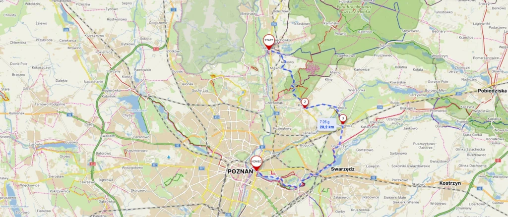 Mapa trasy z Owińsk do Poznania przez Kobylnicę.