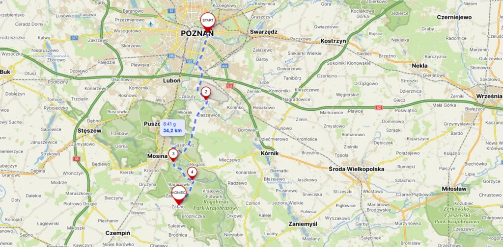 Mapa trasy z Poznania do Żabna.